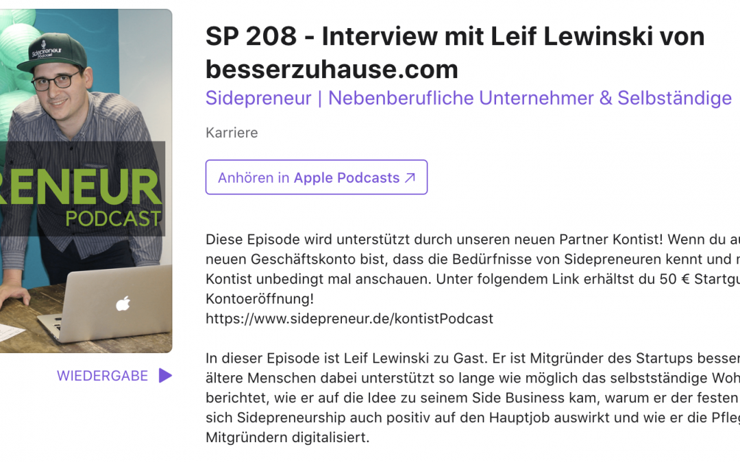 Sidepreneur Podcast Episode 208: Interview mit besser zuhause Gründer Leif Lewinski